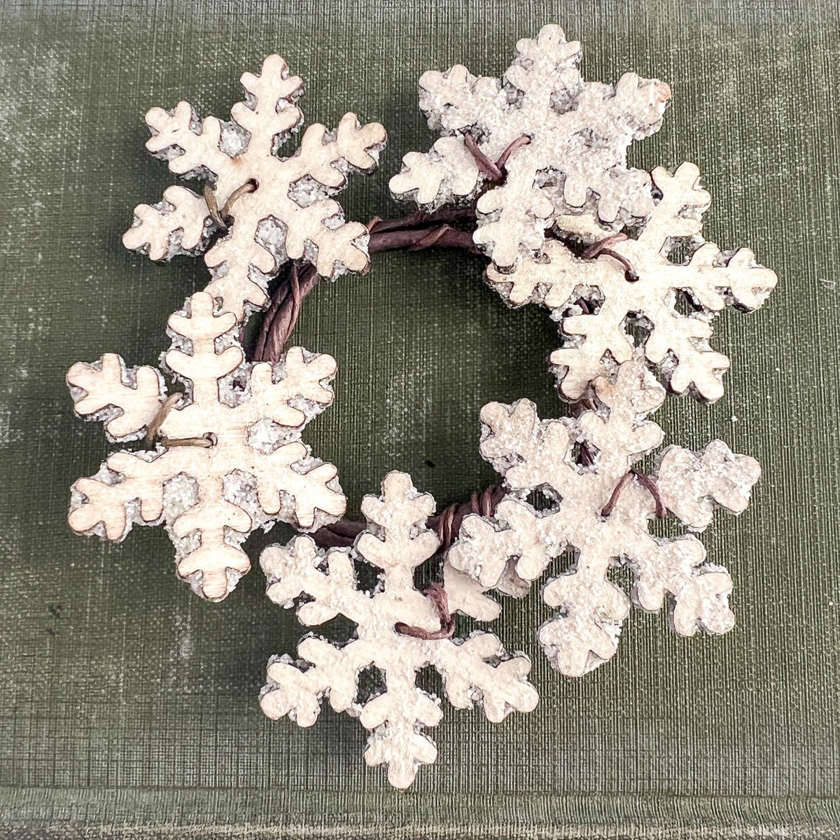 Frosty Wooden Snowflake Mini Taper Candle Ring 1.5&quot; Inner Diameter