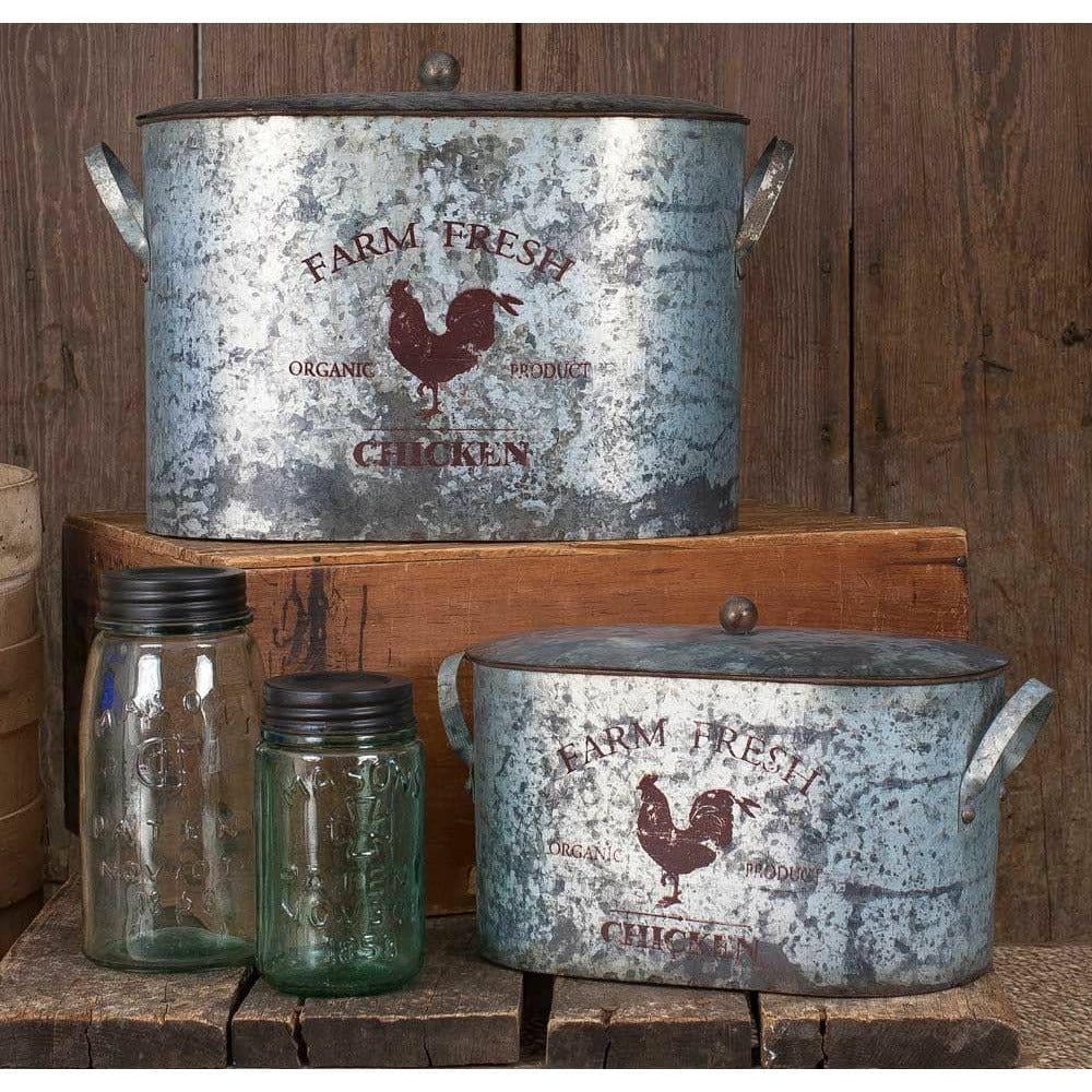 Galvanized Farm Fresh Rooster Pail / Bucket With Lid Set of 2-CTW Home-The Village Merchant