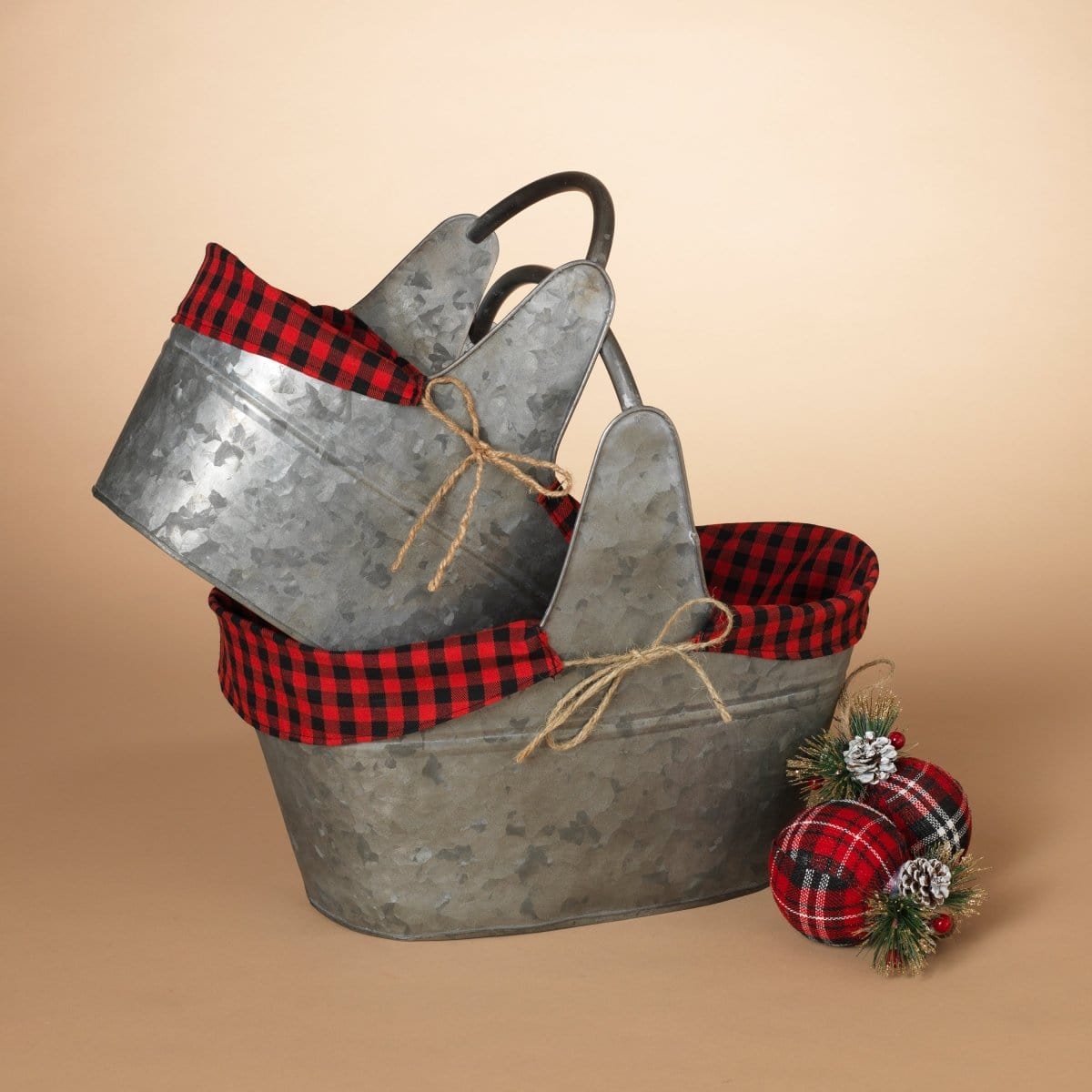 Galvanized Metal Black &amp; Red Check Liner Basket With Handles Set of 2-Gerson-The Village Merchant
