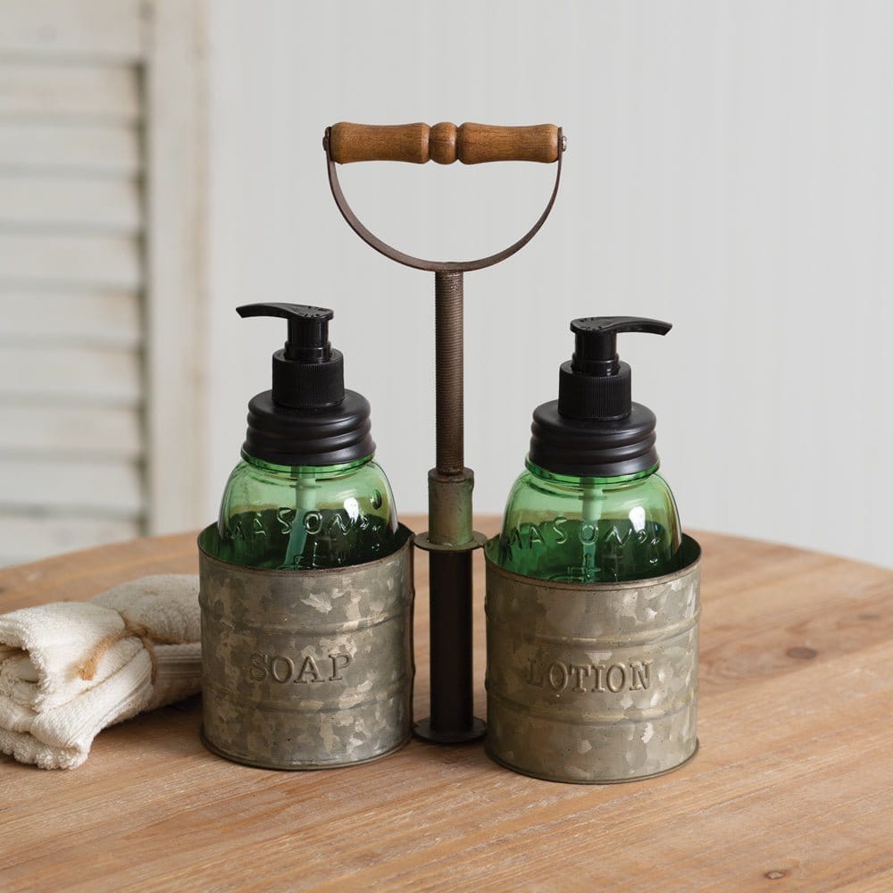 Galvanized Metal Caddy With Wood Handle Soap / Lotion Dispenser-CTW Home-The Village Merchant