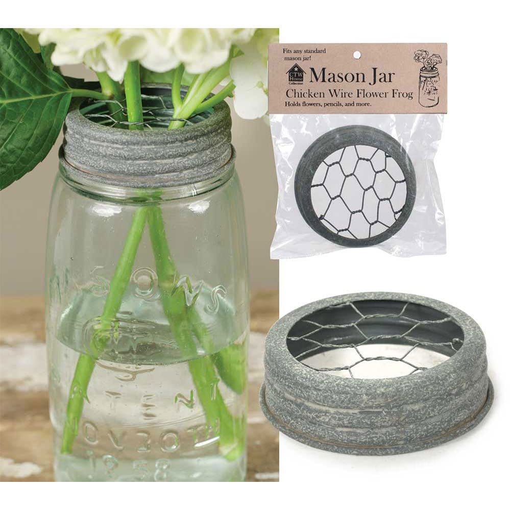 Galvanized Metal Chicken Wire Barn Roof Gray Flower Frog Mason Jar Lid-CTW Home-The Village Merchant