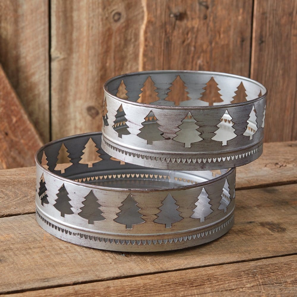 Galvanized Metal Christmas Tree Decorative Trays Round Set of 2-CTW Home-The Village Merchant
