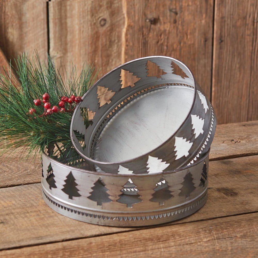 Galvanized Metal Christmas Tree Decorative Trays Round Set of 2-CTW Home-The Village Merchant