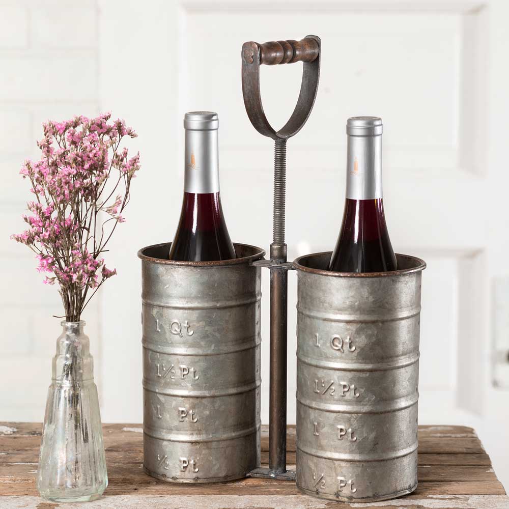 Galvanized Metal Double Wine Bottle Caddy With Handle-CTW Home-The Village Merchant