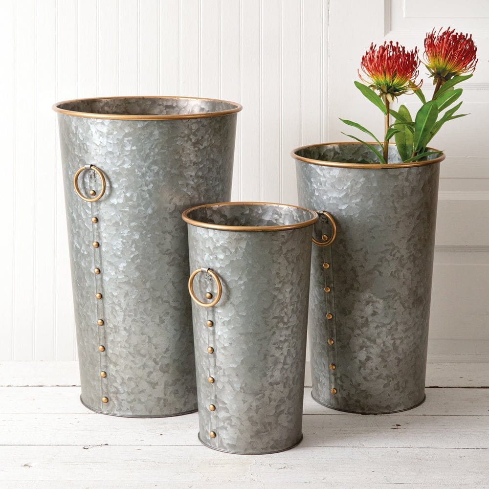 Galvanized Metal Flower Pail / Bucket With Ring Handles Set of 3-CTW Home-The Village Merchant