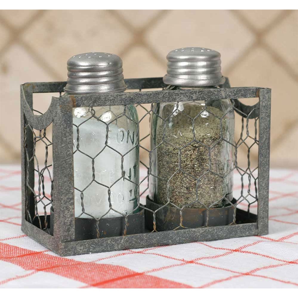 Galvanized Metal &amp; Glass Chicken Wire &amp; Mini Mason Jar Salt &amp; Pepper Shakers With Caddy-CTW Home-The Village Merchant