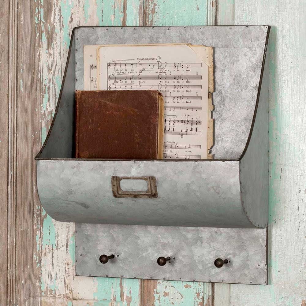 Galvanized Metal Jerry's Wall Caddy Wall Pocket / Bin 3 Hooks-CTW Home-The Village Merchant