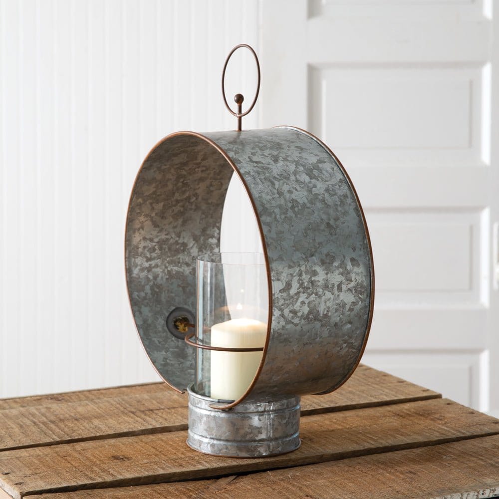 Galvanized Metal Large Round Lantern For Pillar Candles-CTW Home-The Village Merchant