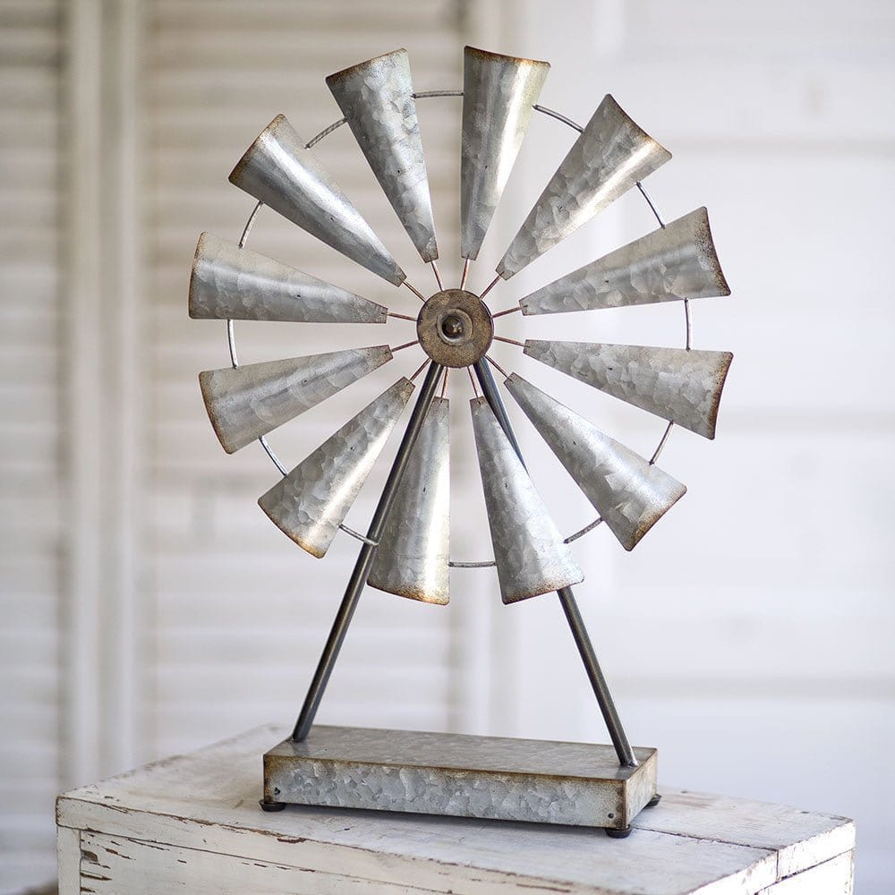 Galvanized Metal Large Tabletop That Spins Windmill On Stand-CTW Home-The Village Merchant