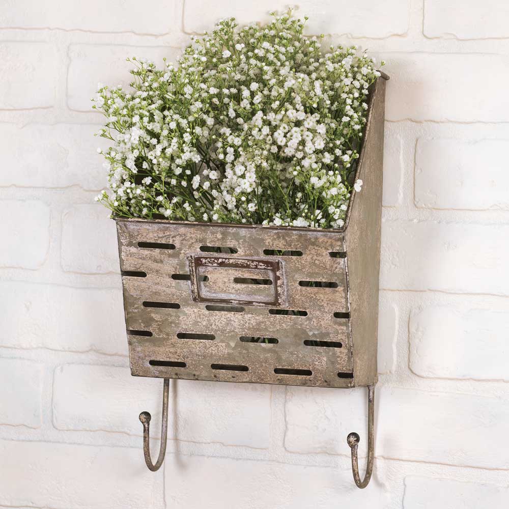 Galvanized Metal Perforated Caddy Wall Pocket / Bin With Hooks-CTW Home-The Village Merchant