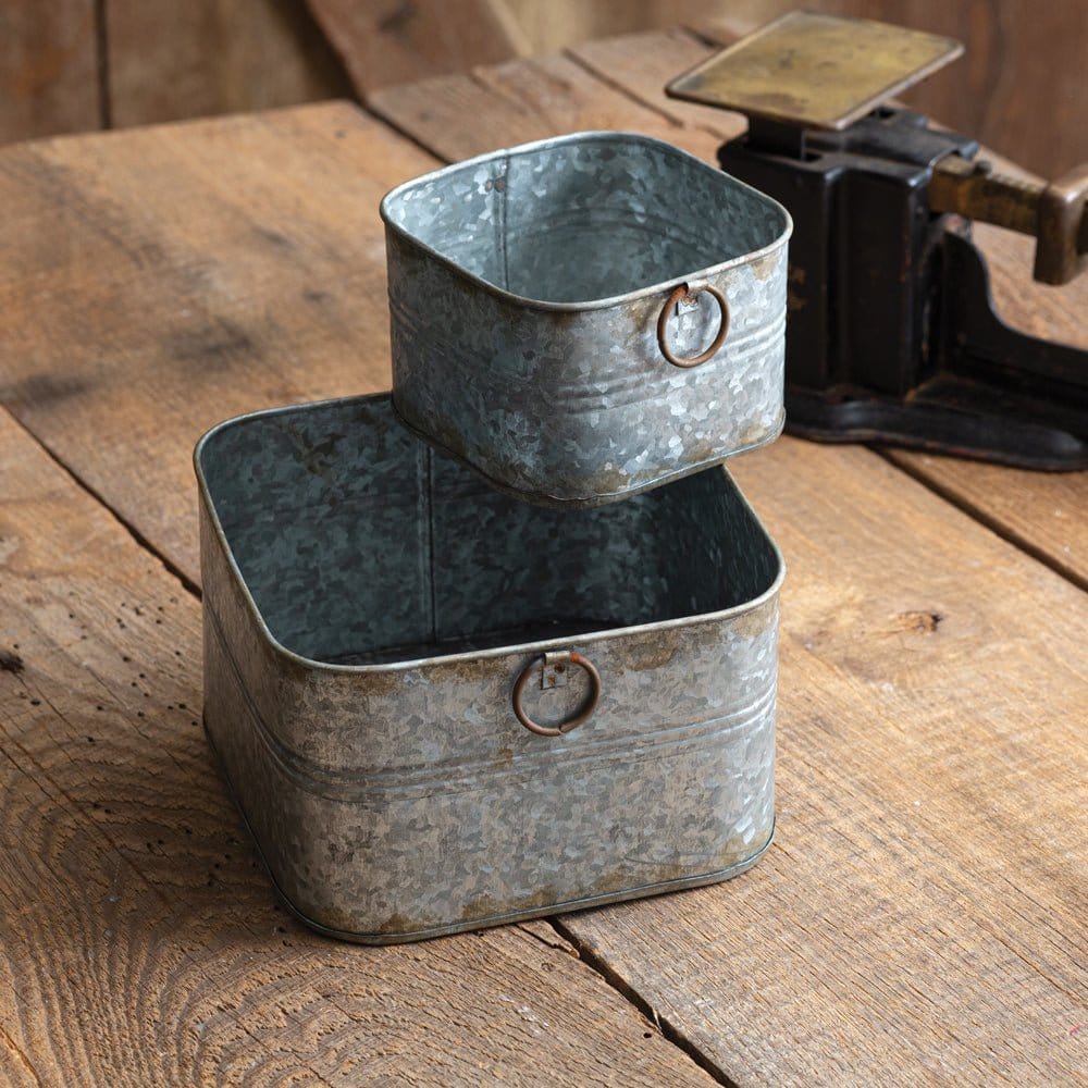 Galvanized Metal Small Square Buckets Set of 2 Assorted Sizes-CTW Home-The Village Merchant