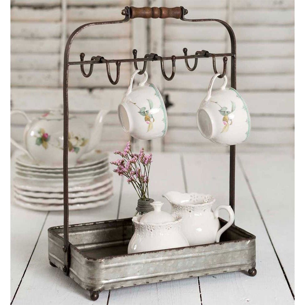 Galvanized Metal Tabletop / Counter Top Mug Rack with Tray - Wooden Handle 6 Mugs-CTW Home-The Village Merchant