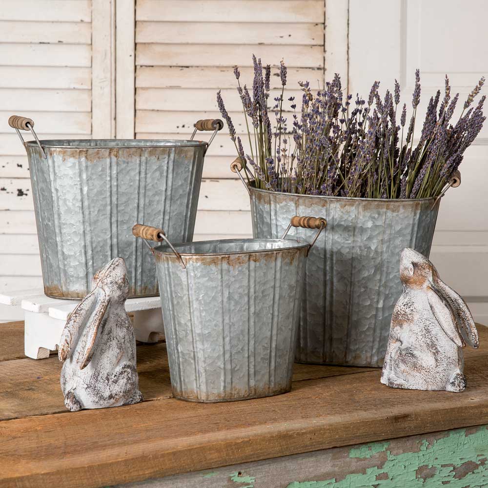 Galvanized Metal Tapered Pail / Bucket With Wooden Handles Oval Set of 3-CTW Home-The Village Merchant