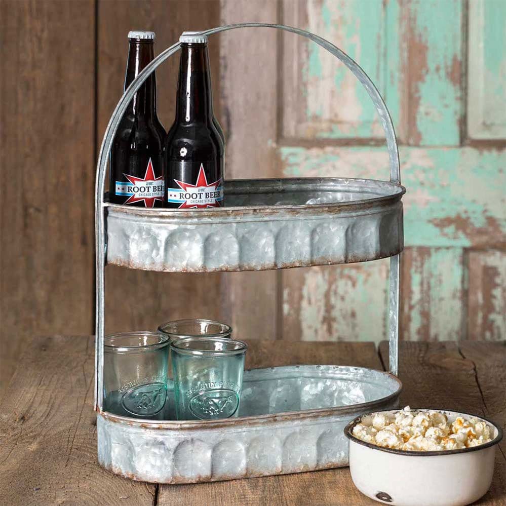 Galvanized Metal Two Tiered Corrugated Oval Caddy / Tray / Stand With Handle-CTW Home-The Village Merchant