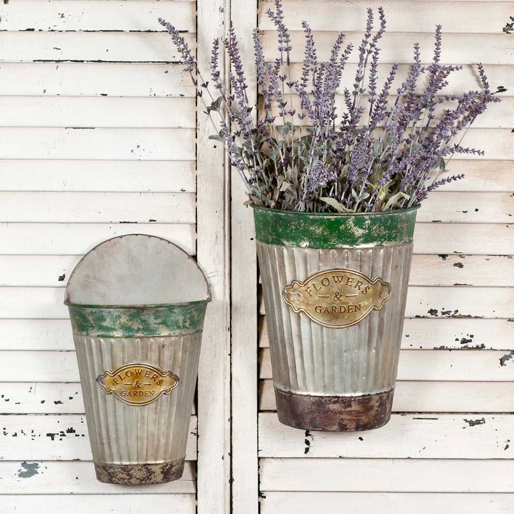 Galvanized Metal Vintage Flower & Garden Nameplate Wall Bucket Set of 2-CTW Home-The Village Merchant