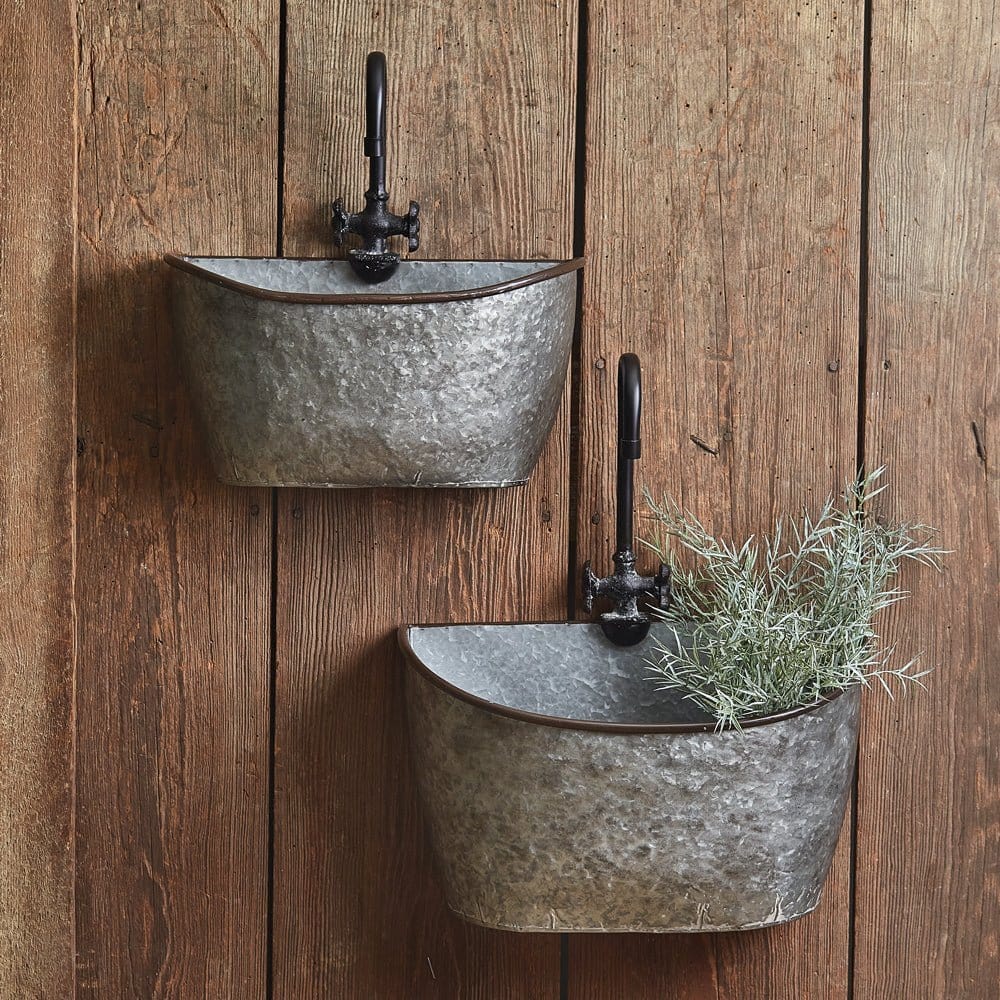 Galvanized Metal Washtub With Faucet Wall Bins Set of 2-CTW Home-The Village Merchant