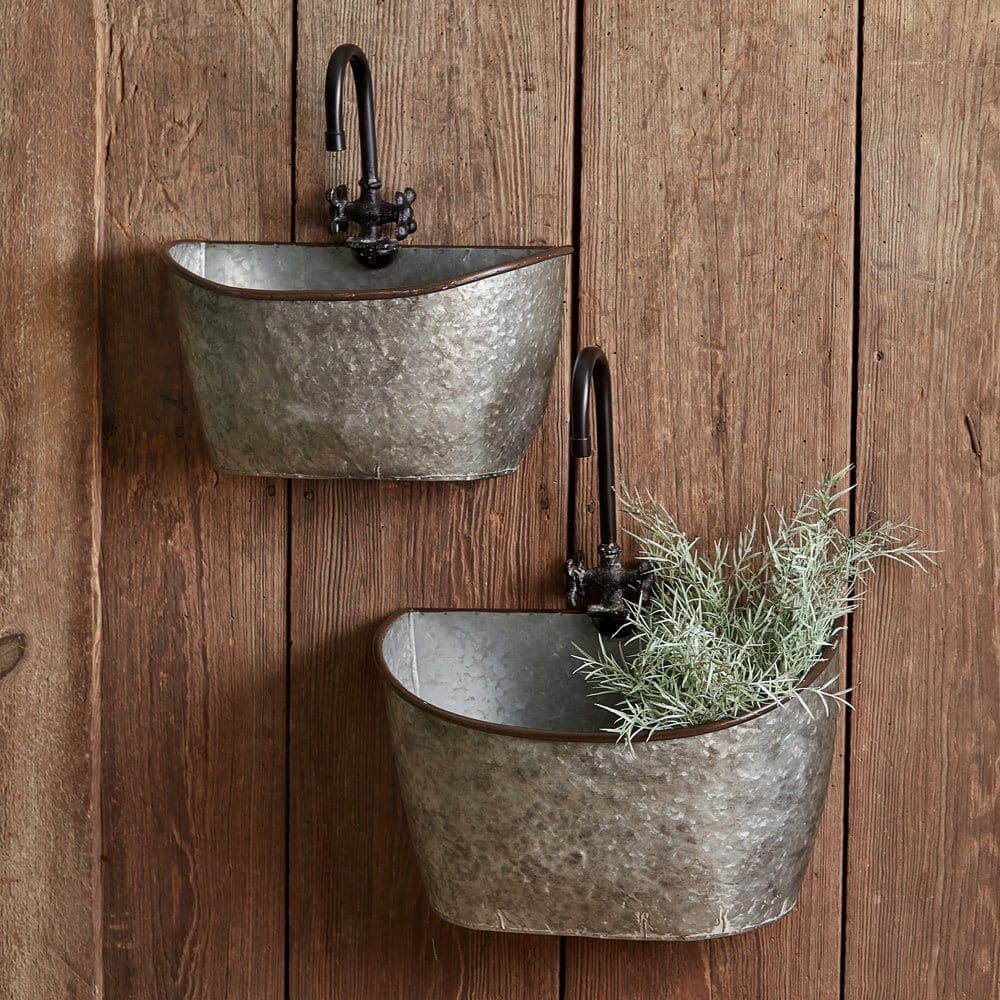 Galvanized Metal Washtub With Faucet Wall Bins Set of 2-CTW Home-The Village Merchant