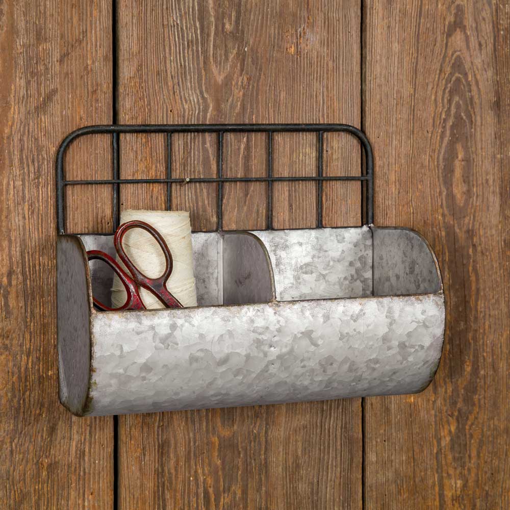 Galvanized Metal &amp; Wire Back Divided Wall Pocket / Bin Small-CTW Home-The Village Merchant
