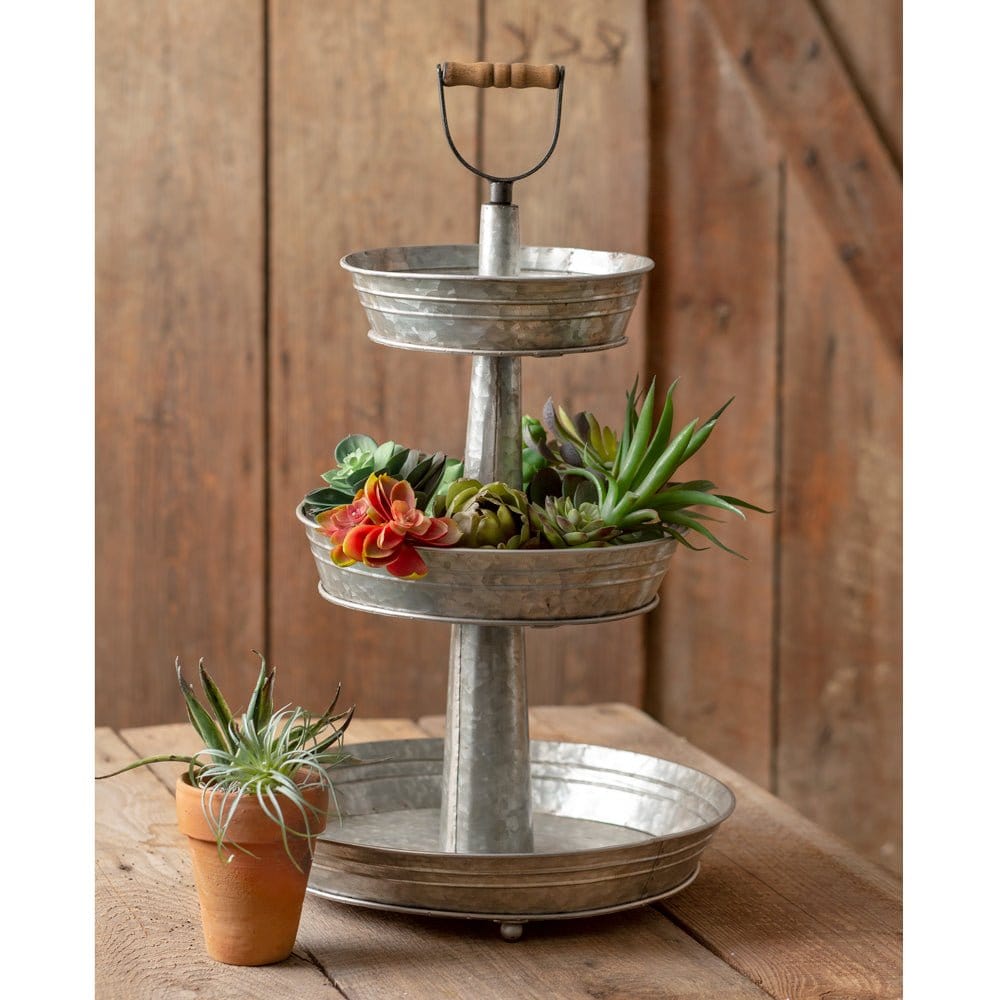 Galvanized Metal &amp; Wood Laurel Caddy / Tray / Stand With Handle 3 Tier-CTW Home-The Village Merchant