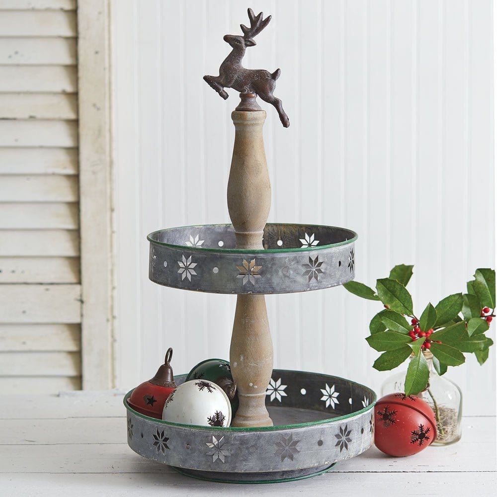 Galvanized Metal & Wood Two Tiered Christmas Reindeer Tray-CTW Home-The Village Merchant