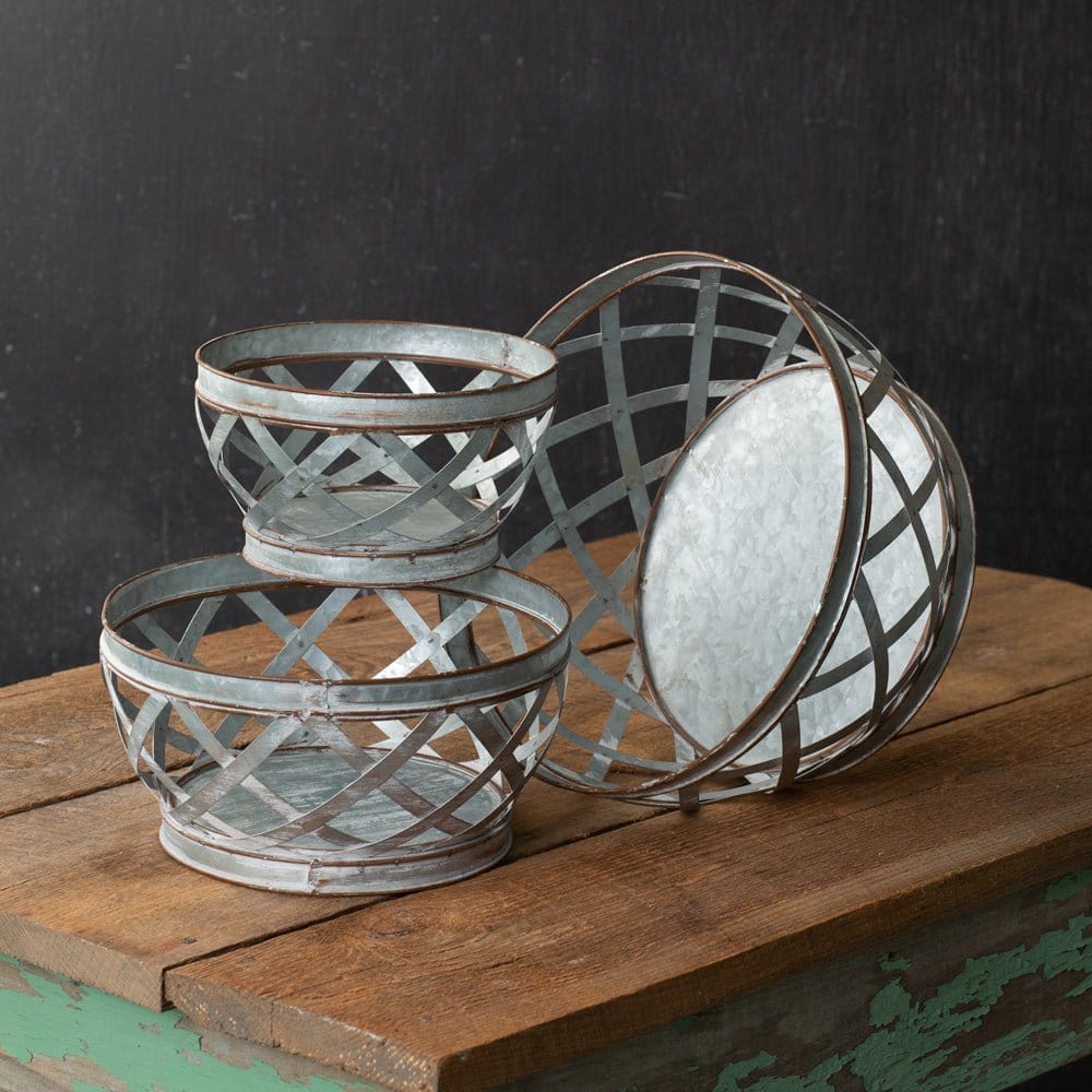 Galvanized Metal Woven Lattice Basket Set of 3 - Assorted Sizes-CTW Home-The Village Merchant