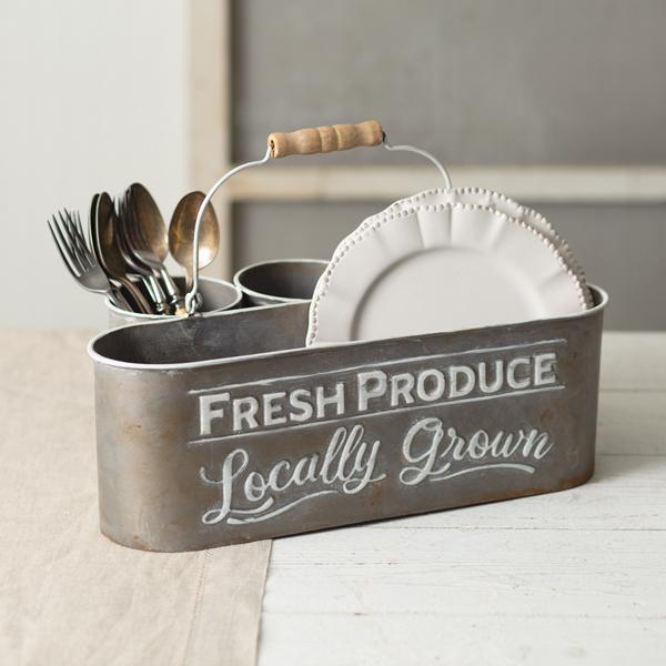 Galvanized &amp; Painted Metal Fresh Produce Locally Grown Caddy / Carrier With Swivel Handle-CTW Home-The Village Merchant