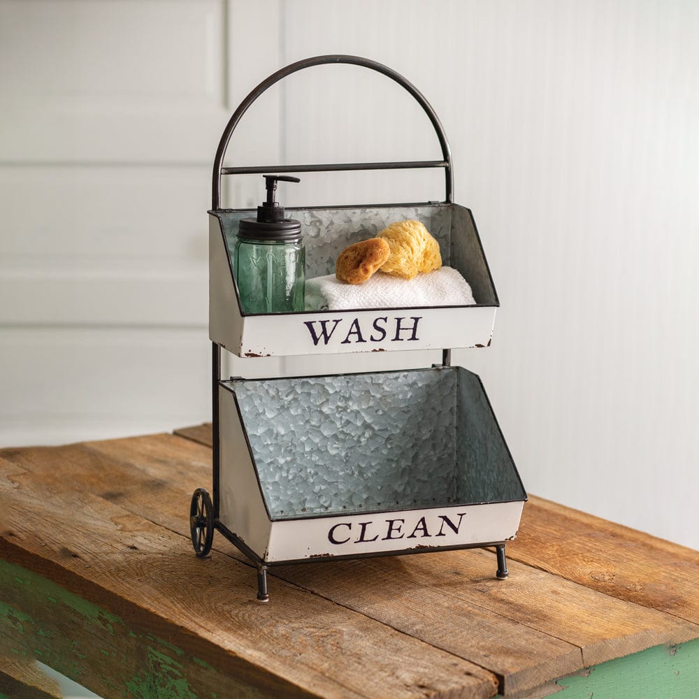 Galvanized &amp; Painted Metal Wash &amp; Clean Caddy / Tray / Stand With Handle 2 Tier