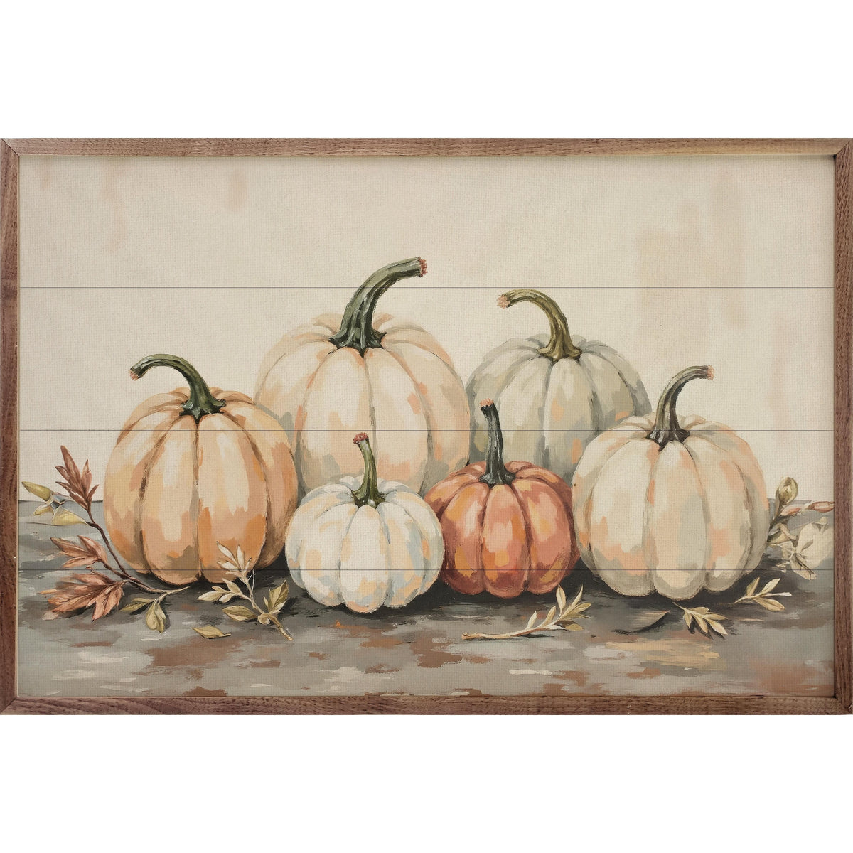 Kendrick Home Walnut Frames Gathered Pumpkins On A Tabletop Printed and Framed Wall Sign