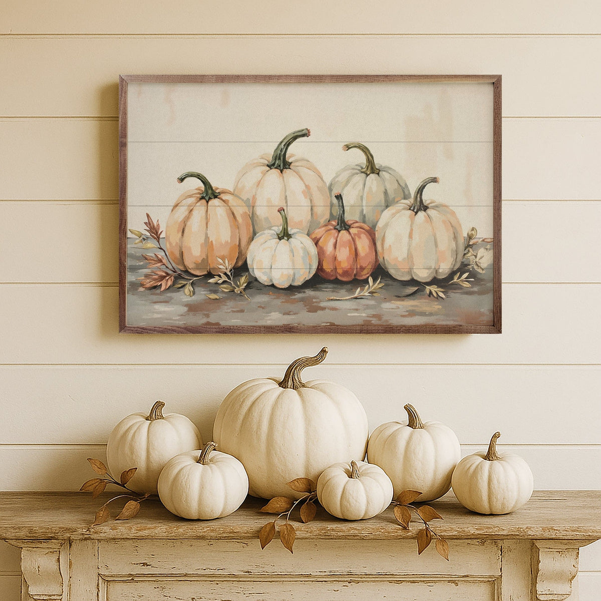 Kendrick Home Walnut Frames Gathered Pumpkins On A Tabletop Printed and Framed Wall Sign