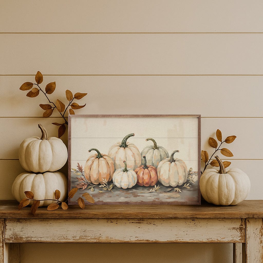Kendrick Home Walnut Frames Gathered Pumpkins On A Tabletop Printed and Framed Wall Sign