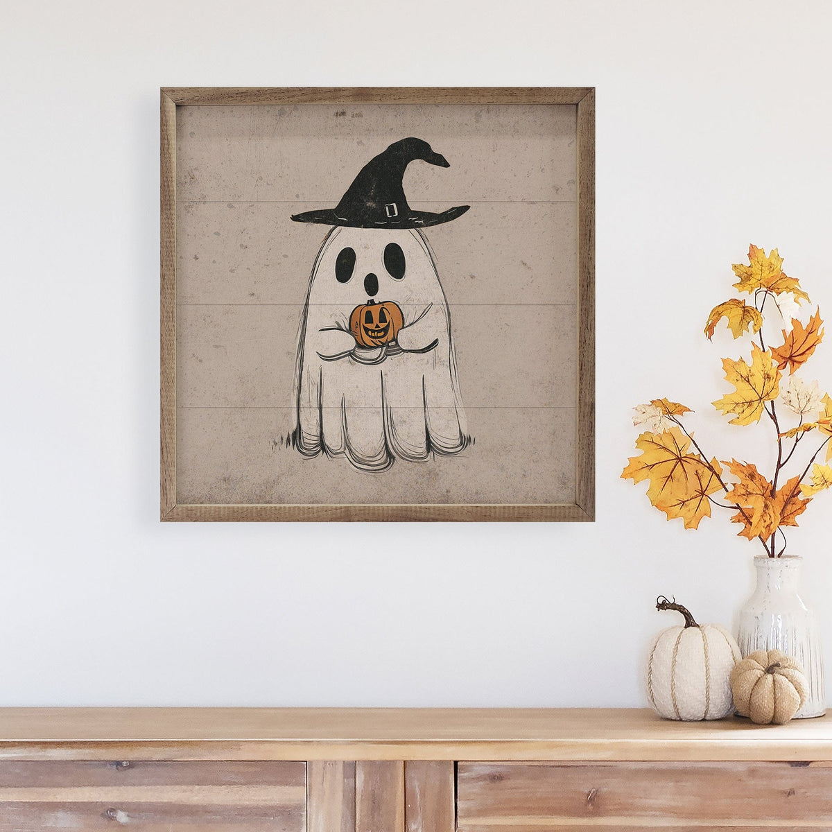 Kendrick Home Walnut Frames Ghost With Black Hat Printed and Framed Wall Sign
