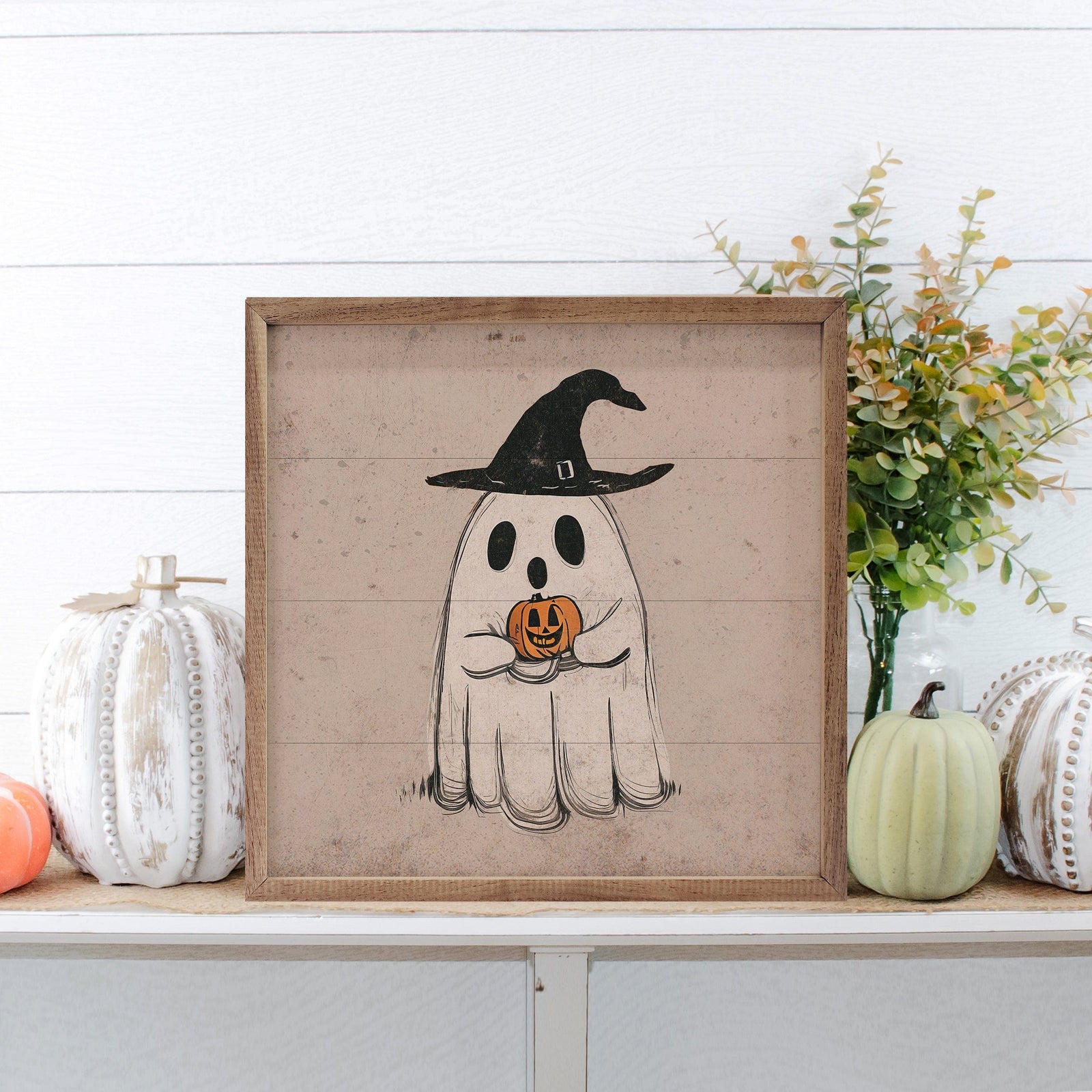 Kendrick Home Walnut Frames 4x4 Ghost With Black Hat Printed and Framed Wall Sign