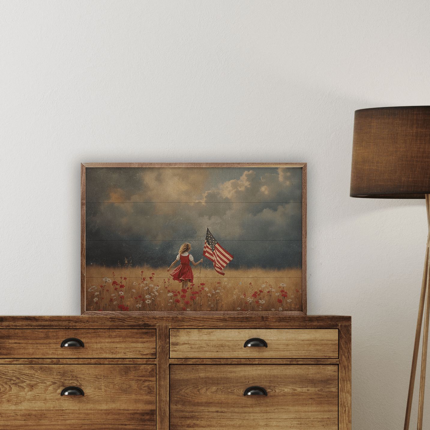 Kendrick Home Walnut Frames Girl Carrying Flag Through Storm Printed and Framed Wall Sign