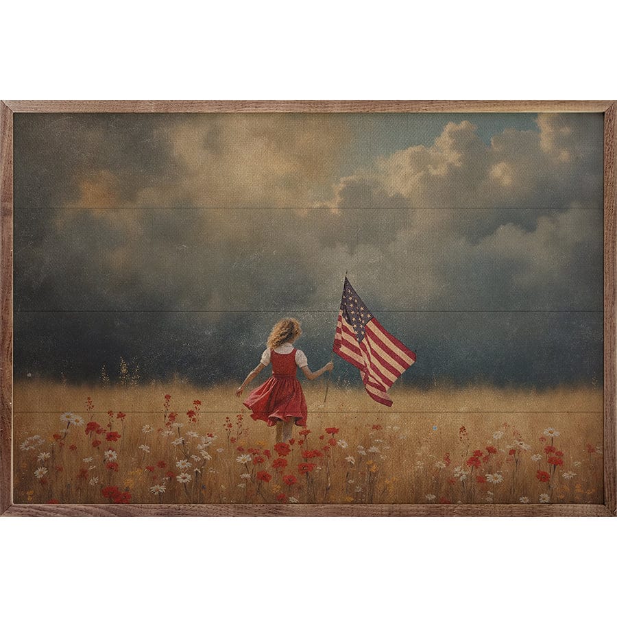 Kendrick Home Walnut Frames Girl Carrying Flag Through Storm Printed and Framed Wall Sign