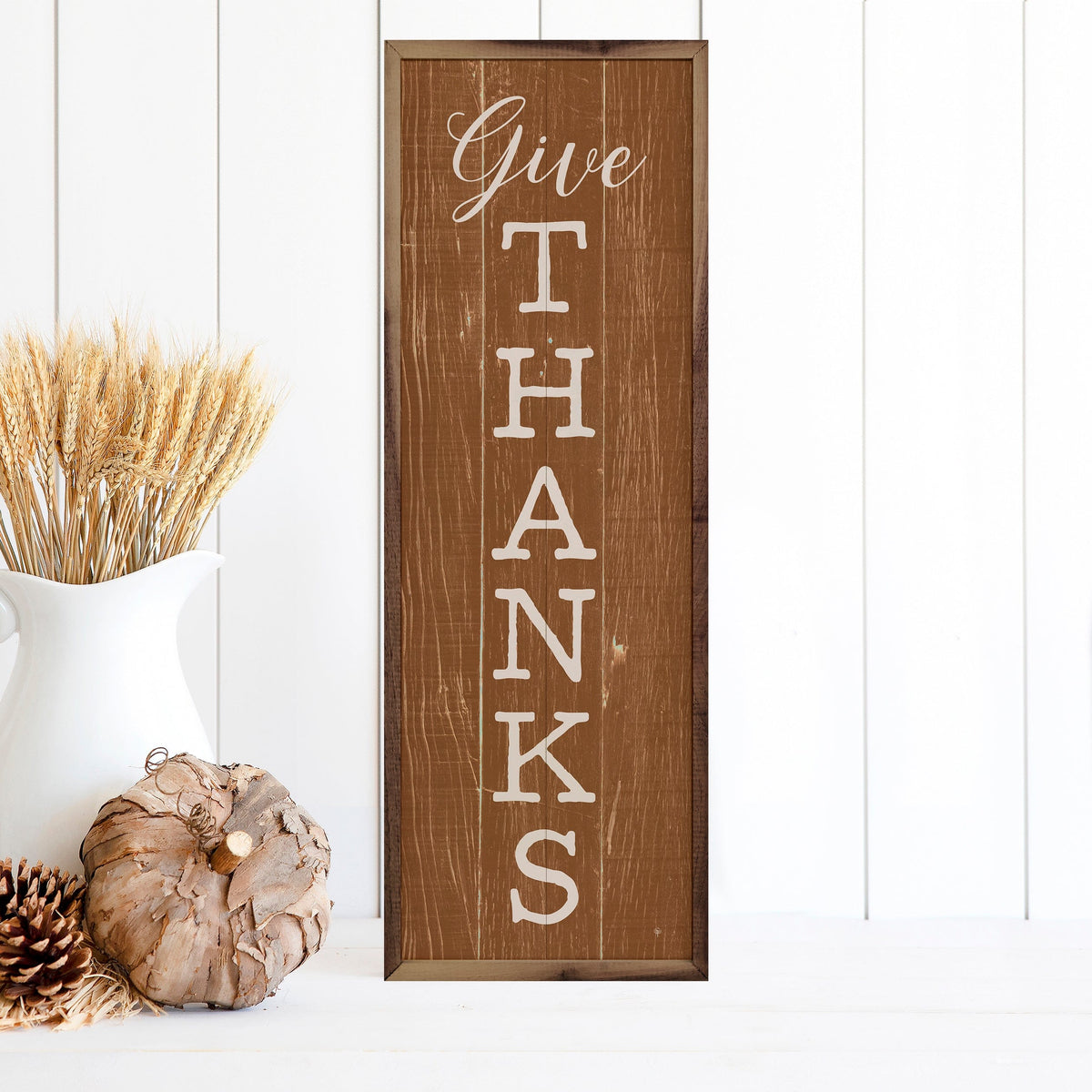 Kendrick Home Walnut Frames Give Thanks Orange Printed and Framed Wall Sign