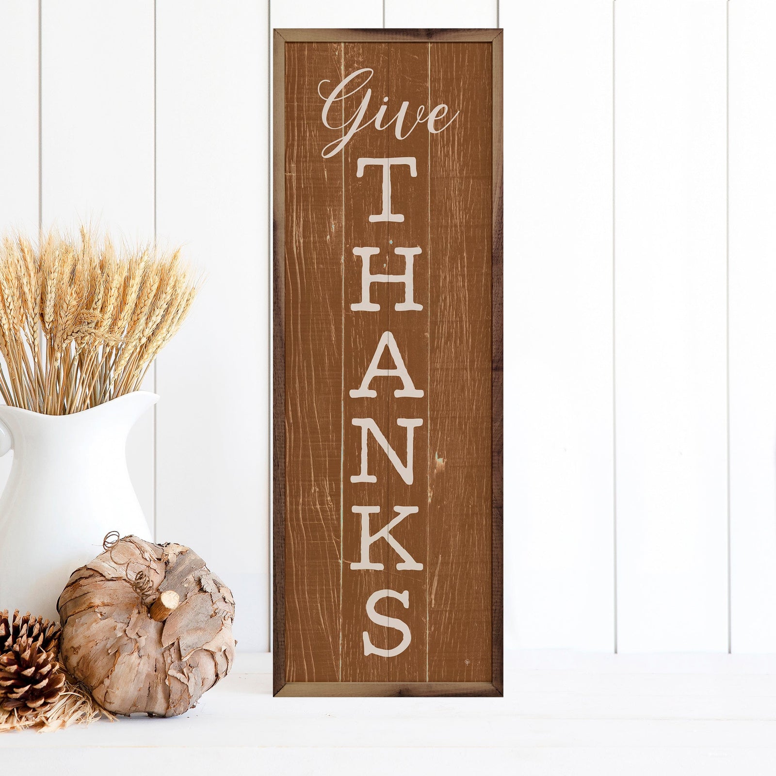 Kendrick Home Walnut Frames 4x12 Give Thanks Orange Printed and Framed Wall Sign