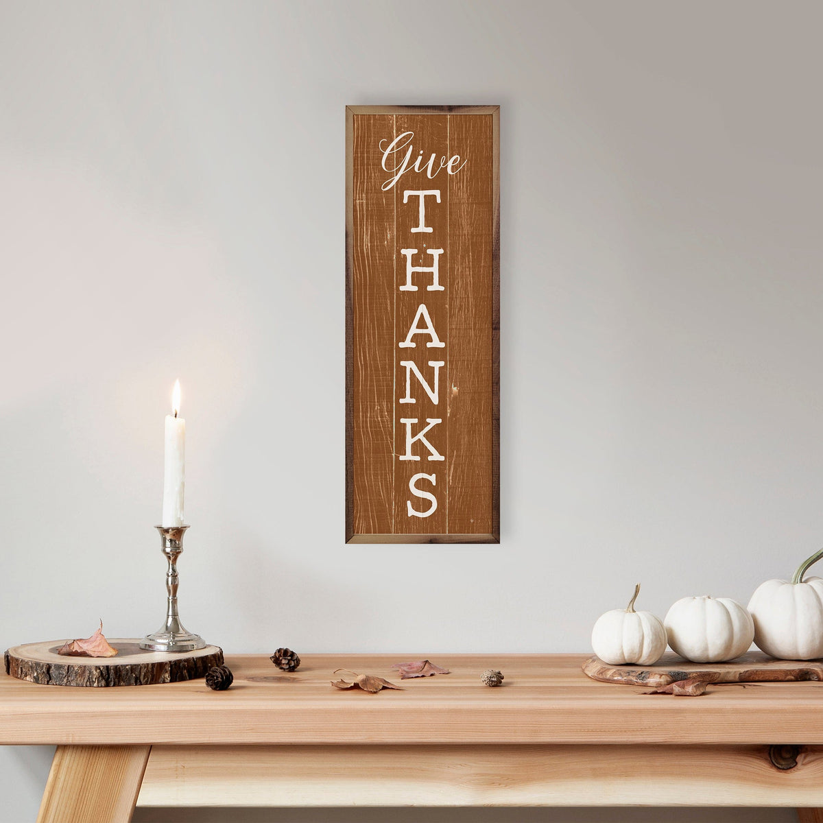 Kendrick Home Walnut Frames Give Thanks Orange Printed and Framed Wall Sign