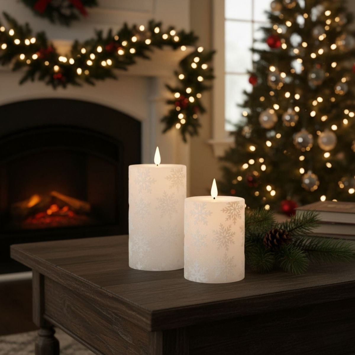 Glitter Snowflake LED Battery Candle Light Pillars - 2 Sizes