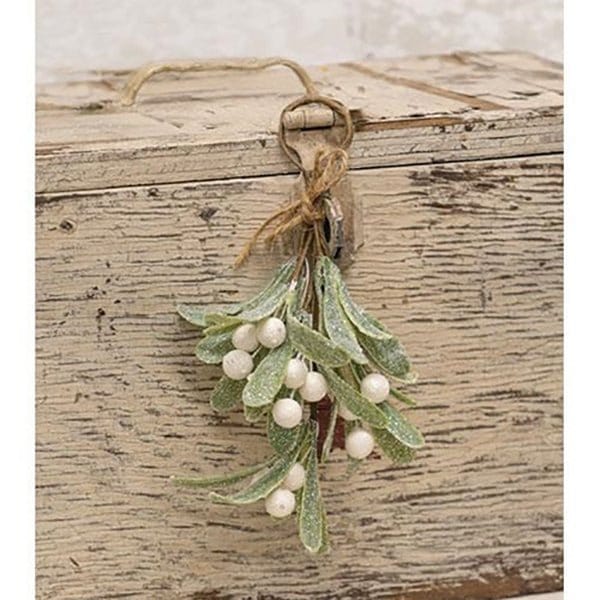 Glittered Mistletoe Ornament Bunch With Jute Bow 8" High-Craft Wholesalers-The Village Merchant