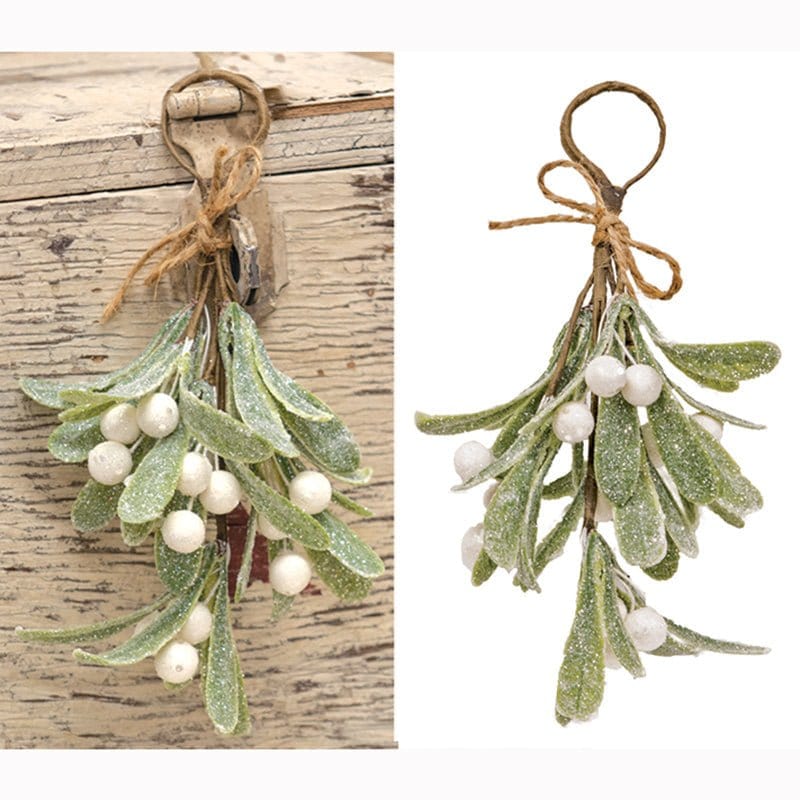 Glittered Mistletoe Ornament Bunch With Jute Bow 8&quot; High-Craft Wholesalers-The Village Merchant