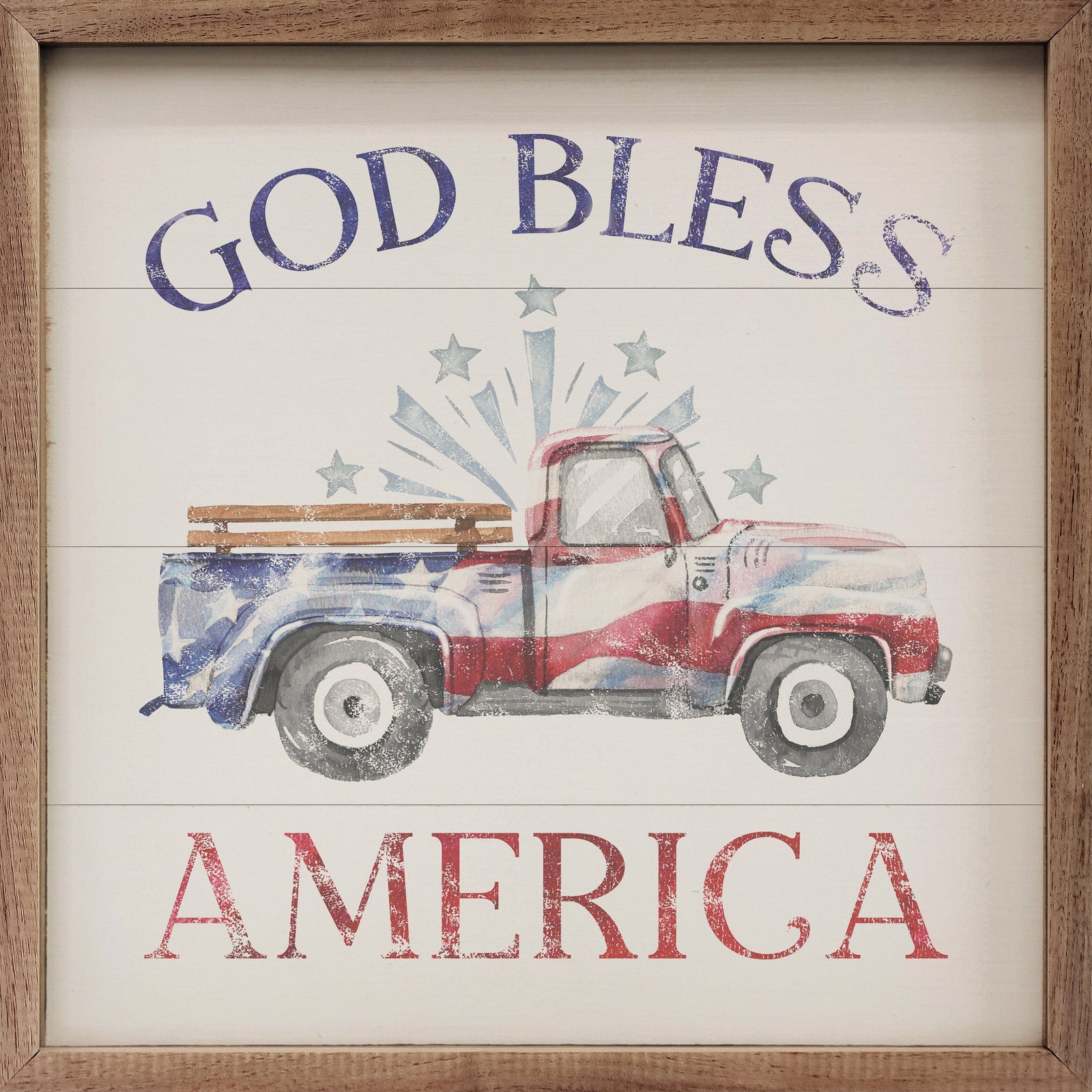 Kendrick Home Walnut Frames Sizes God Bless America Flag Truck White Printed and Framed Wall Sign