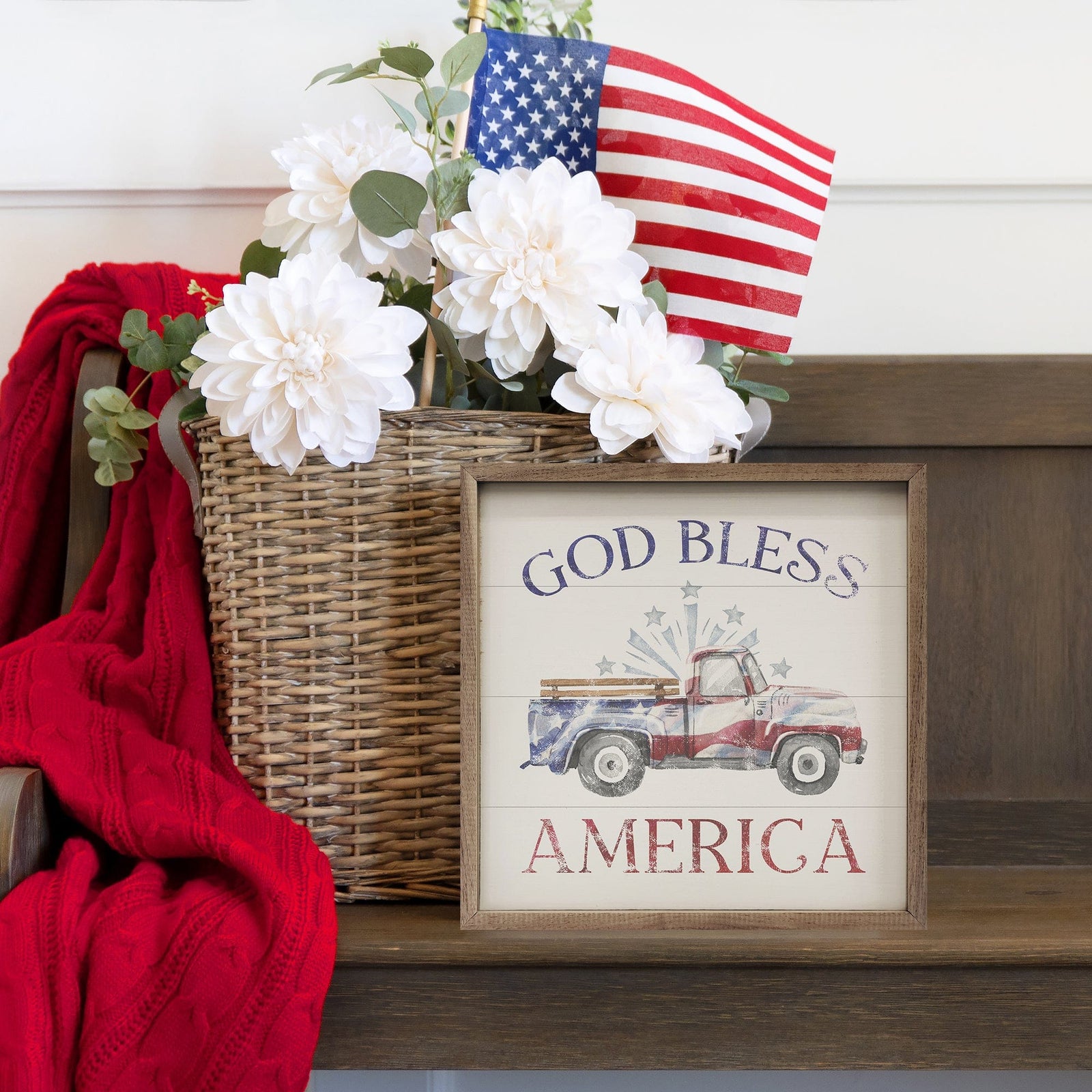Kendrick Home Walnut Frames Sizes God Bless America Flag Truck White Printed and Framed Wall Sign
