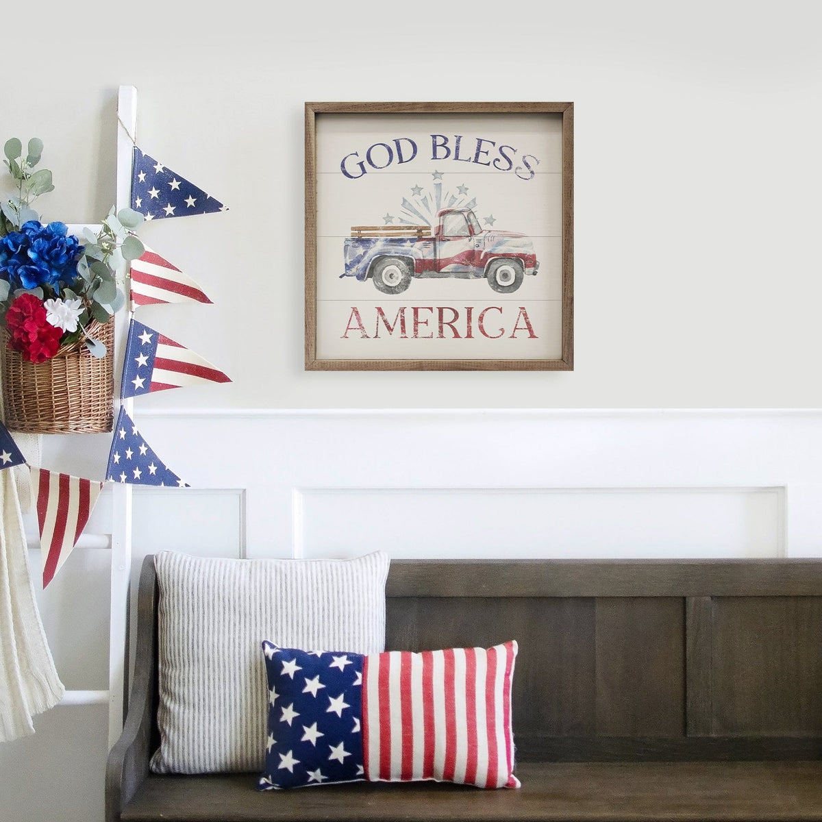 Kendrick Home Walnut Frames God Bless America Flag Truck White Printed and Framed Wall Sign