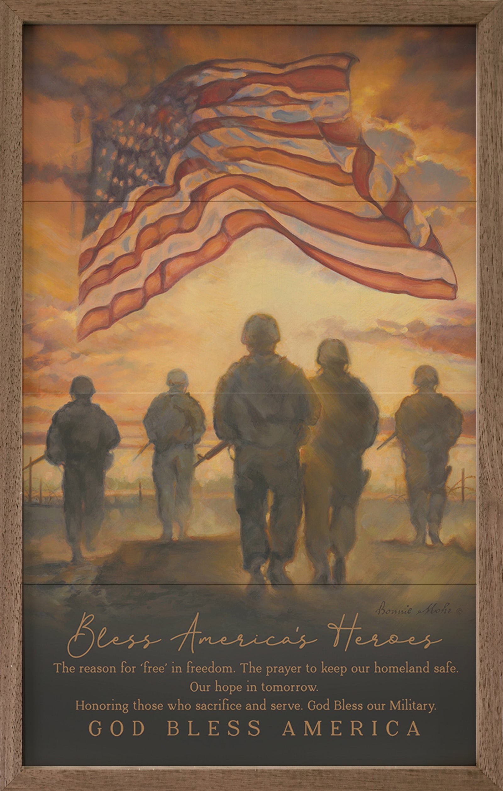Kendrick Home Walnut Frames Sizes God Bless America's Heroes By Bonnie Mohr Printed and Framed Wall Sign