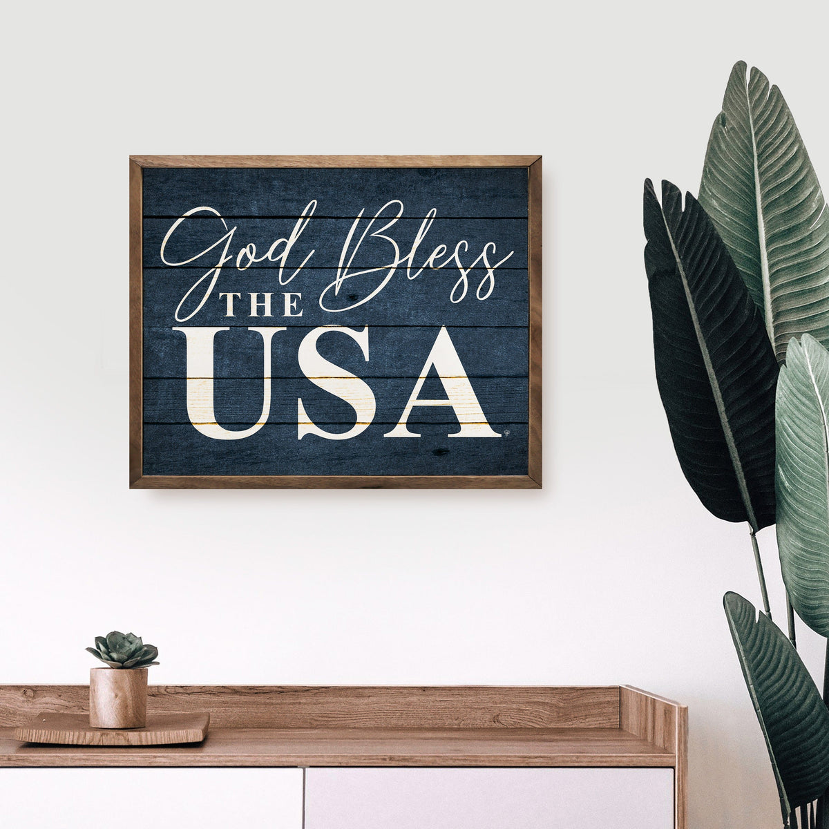 Kendrick Home Walnut Frames God Bless The USA Blue Printed and Framed Wall Sign