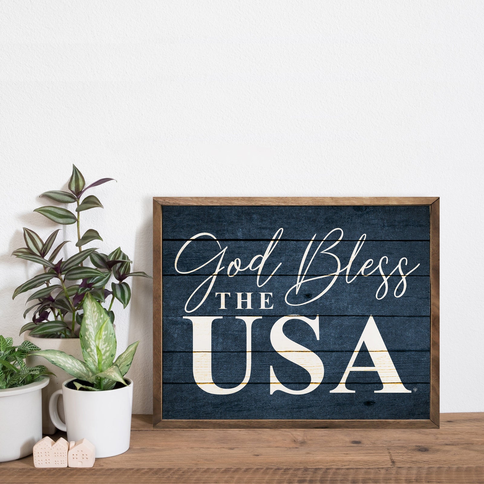 Kendrick Home Walnut Frames Sizes God Bless The USA Blue Printed and Framed Wall Sign