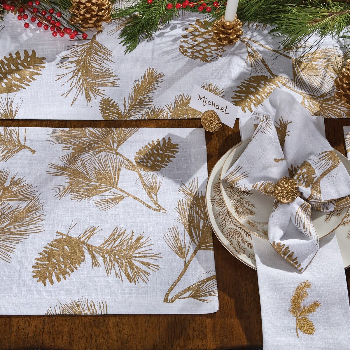 Gold Pinecone Embroidered Patricia Heaton Home Napkin Set of 2
