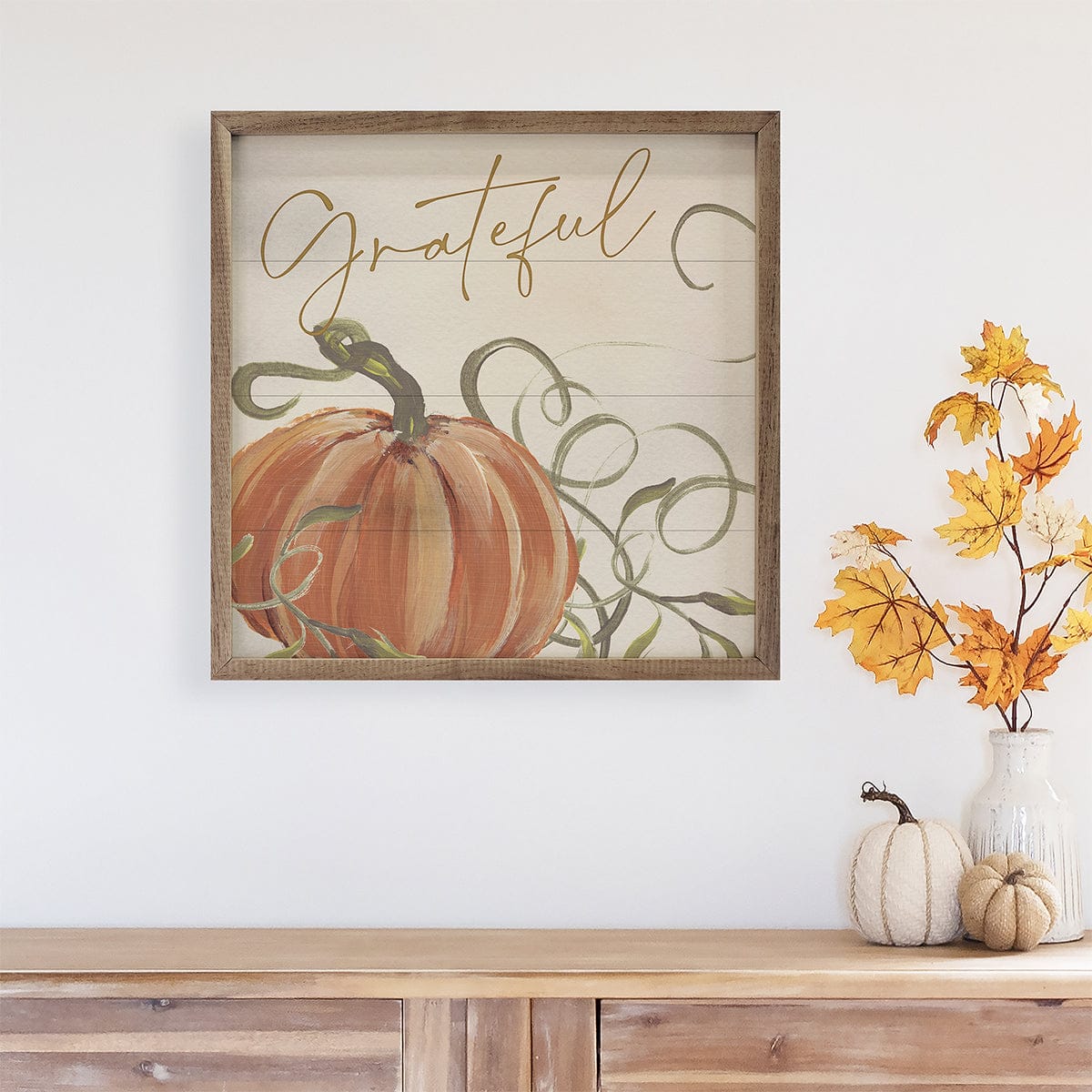 Kendrick Home Walnut Frames Grateful Pumpkins By Nina Blue Printed and Framed Wall Sign