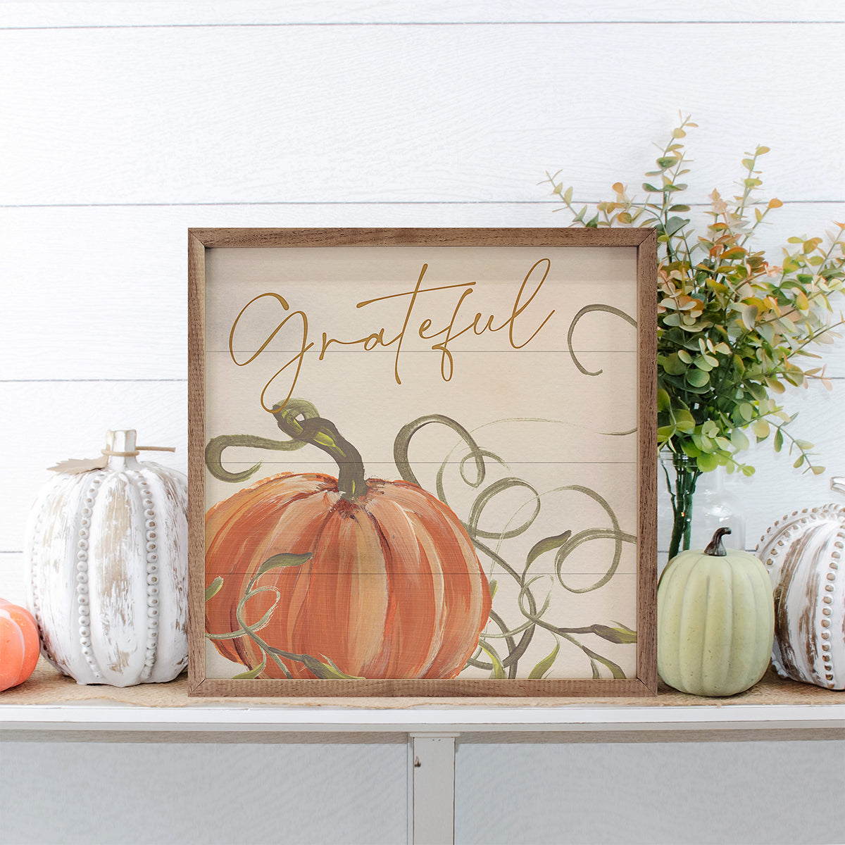 Kendrick Home Walnut Frames 4x4 Grateful Pumpkins By Nina Blue Printed and Framed Wall Sign