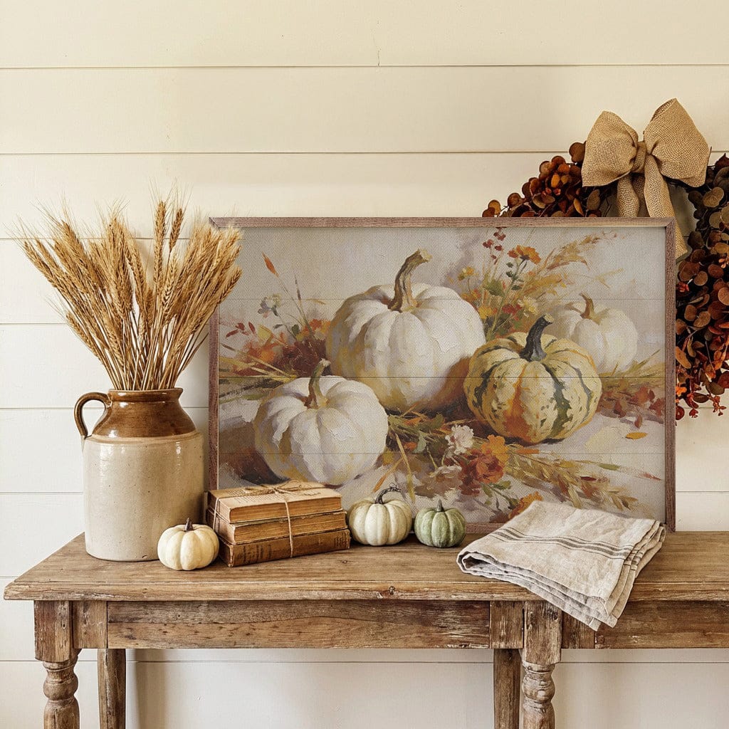 Kendrick Home Walnut Frames Green And White Autumn Pumpkin Still Life Printed and Framed Wall Sign